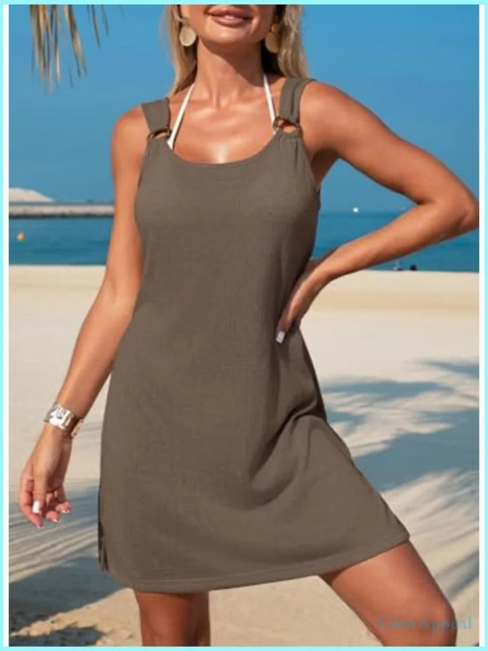 Scoop Neck Sleeveless Sheer Beach Coverup Dress Side Slit Vacation